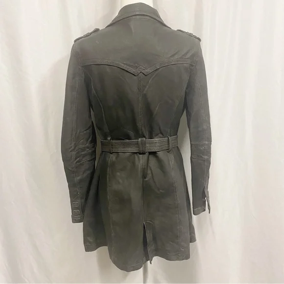 Dick & Jayne Charcoal Gray/Black Genuine Leather Belted Trench Coat - Picture 7 of 11
